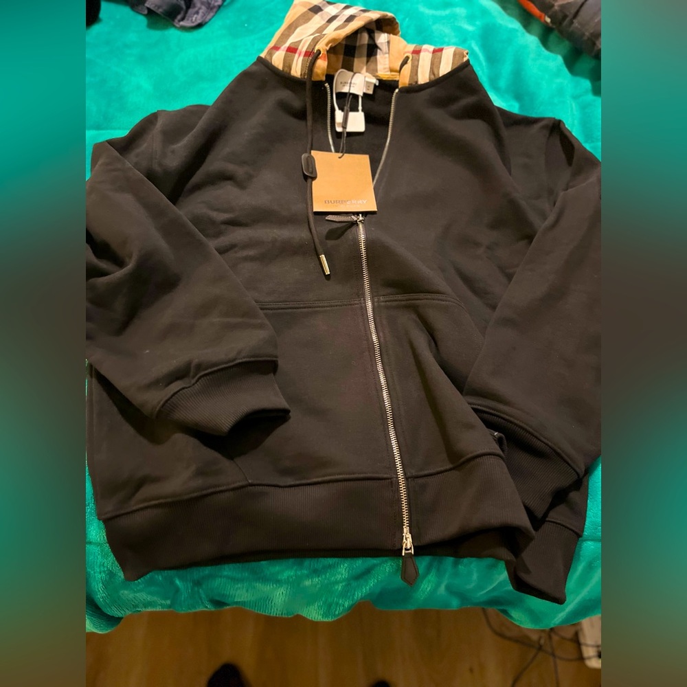 Check hood cotton blend zip hoodie Burberry size M new.
